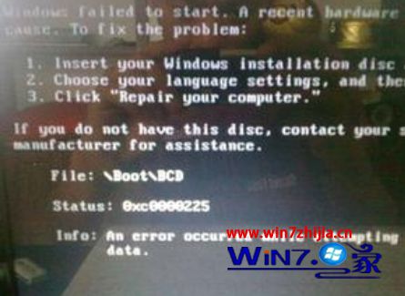win7系统开机蓝屏提示错误代码OXC0000225的解决方法