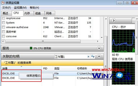 win7系统利用资源监视器解决无法删除文件的解决方法